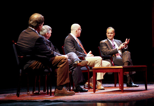 Joe Torre, the former manager for the New York Yankees, goes over what it was like managing a major league baseball team Wednesday evening at a discussion sponsored by the Smithsonian Associates at Lisner Auditorium.  Joining Torre for the conversation were (left to right) Mike Wise of the Washington Post, Johnny Holliday from Nats Xtra, and Phil Wood of the Washington Examiner.Shannon Brown | Hatchet Photographer 