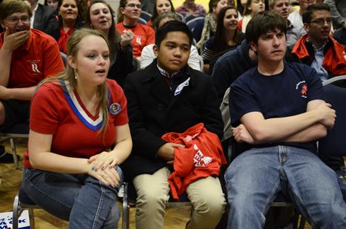 Sophomores Annika Boone, Ninio Fetalvo and Robert Wood react at the College Republicans watch party after hearing that Obama is likely to win Pennsylvania. Becky Crowder | Senior Staff Photographer