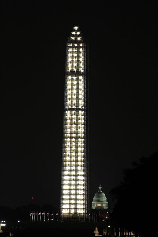 The Washington monument in all its light up scaffold glory. Photo used under the Creative Commons License. 