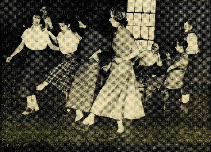 Four freshmen women practice dancing in preparation for the all-U follies, Photo courtesy of the George Washington University Archives.