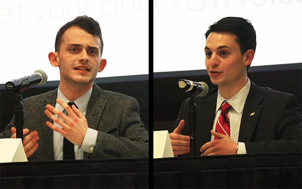 Candiates for SA president Nick Gumas, left, and Daniel Egel-Weiss sparred at the candidates debate Tuesday. Desiree Halpern | Senior Staff Photographer