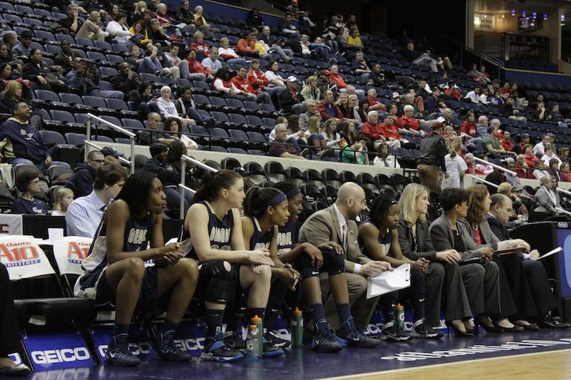 The Colonials sit on the bench during the second half as they saw their A-10 Championship hopes fade away. | Hatchet Staff Photographer Josh Solomon