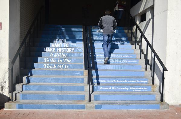 The steps of the Marvin Center are lined with promotional messages about GWs location. Hatchet File Photo