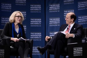 Goldman speaks with philanthropist Michael Milken at an alumni event in New York last October. Photo courtesy of GW Media Relations