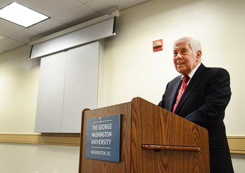 Former Indiana Senator Richard Lugar spoke out against hazing and alcohol problems in Greek Life. Katie Causey | Hatchet Staff Photographer