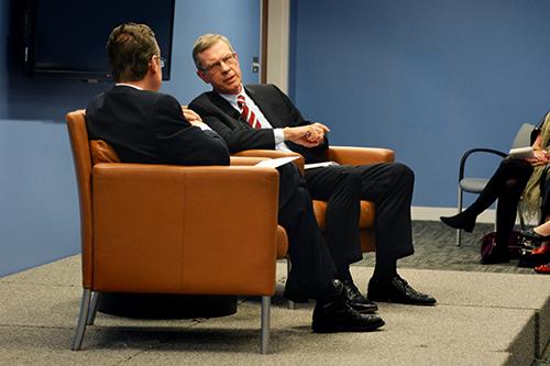 Former National Intelligence Council Chairman Christopher Kojm, now an Elliott School visiting professor, talked about national security and future international challenges with Dean Michael Brown. Sam Hardgrove | Hatchet Staff Photographer