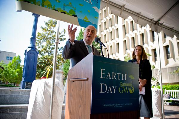 Two years ago, University President Steven Knapp said he want GW to be the “chief model of urban sustainability in a city that itself aspires to be a green city,” in a speech on Earth Day. Hatchet File Photo