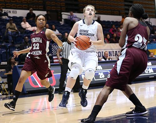 Sophomore guard Hannah Schaible goes to the basket in a game earlier this season. Schaible led the Colonials with 14 points Sunday as GW matched the best start in program history with the road win. Hatchet File Photo by Dan Rich | Hatchet Staff Photographer