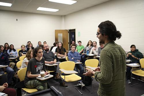 Cavan Kharrazian spoke Wednesday at the Progressive Student Unions forum on the future of the Universitys dining program. Dan Rich | Hatchet Photographer