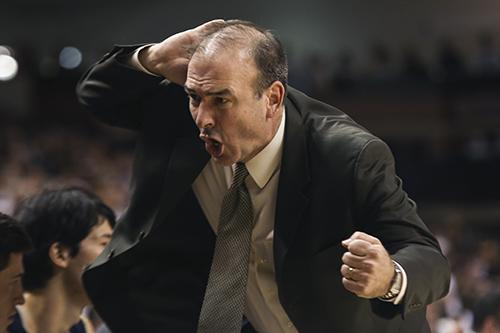 Head coach Mike Lonergan, shown during GWs win against VCU Saturday, isnt one to hide his feelings about a call. Cameron Lancaster | Senior Staff Photographer