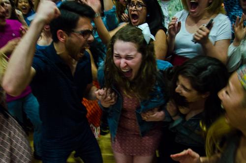 Erika Feinman celebrates with their supporters after winning the race for Student Association president. Katie Causey | Photo Editor