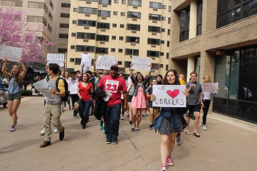 Members of the Progressive Student Union protested in support of J Street workers and other University staffers Friday. Paige James | Hatchet Photographer