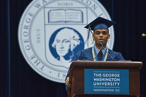 Tywan Wade, the student speaker at the business schools ceremony, encouraged fellow graduates to XX. Ashley Le | Hatchet Photographer