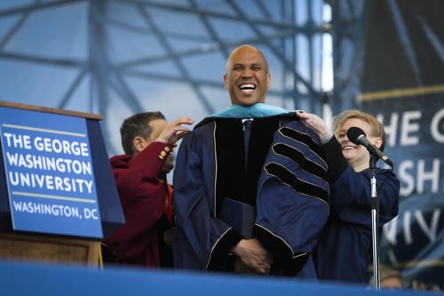 Sen. Cory Booker. D-N.J., receives his honorary degree at Commencement in May. He gave a speech at the Democratic National Convention with similar themes to his address at GW. Dan Rich | Photo Editor
