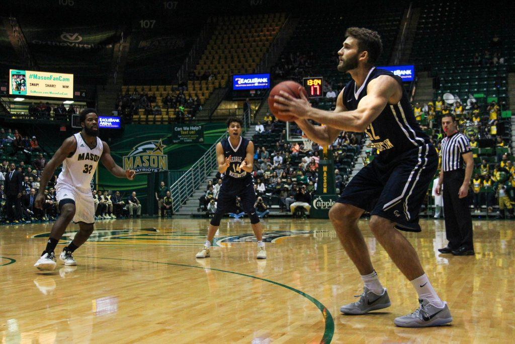 Graduate student forward Patrick Steeves eyes the hoop during a 19-point win at George Mason Wednesday. Steeves combined for 24 points and four assists across GW's two conference victories this past week.