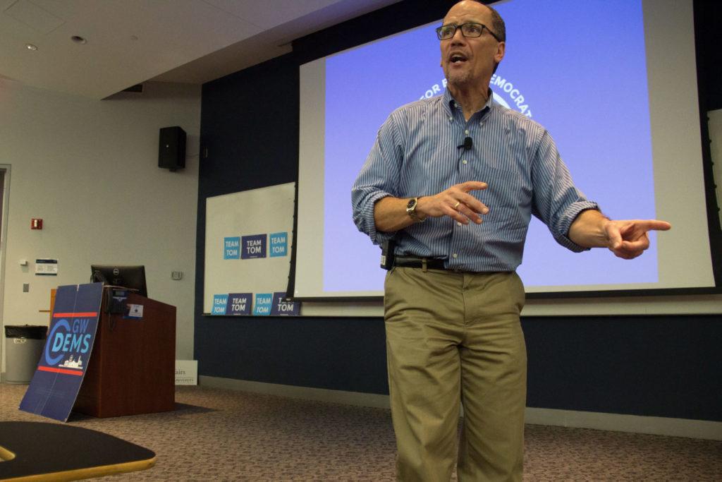 Tom Perez, the former U.S. Secretary of Labor who is running for DNC chair, spoke at an event hosted by the GW College Democrats Tuesday evening. 