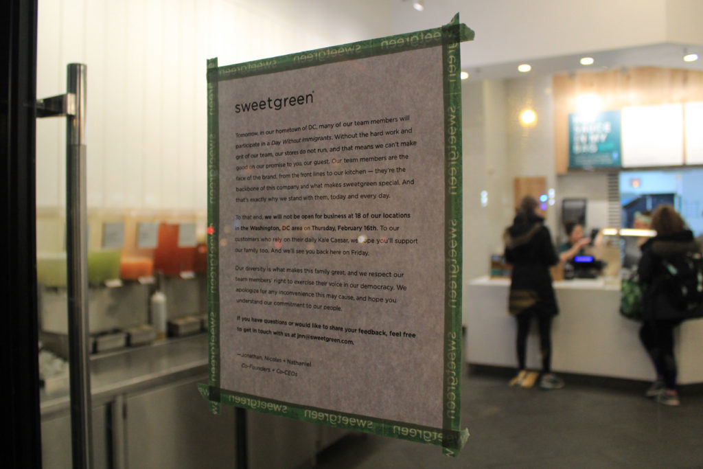 Sweetgreen on Eye Street will be closed Thursday for the Day Without Immigrants protest.