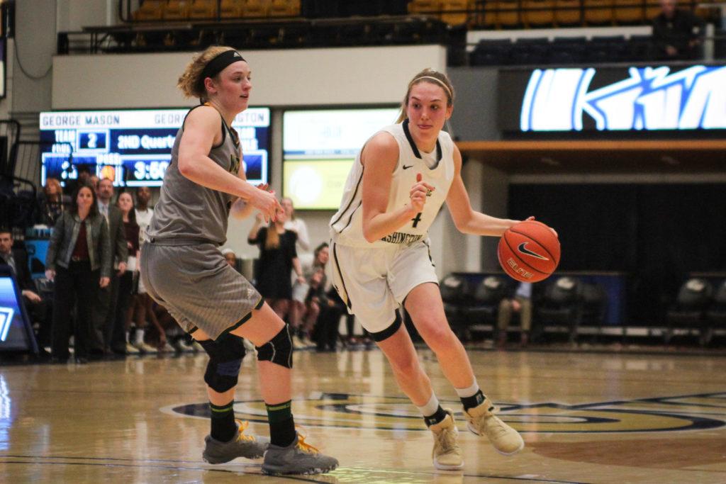 Graduate student forward Lexi Martins drives the lane during womens basketballs 80–49 win over George Mason.