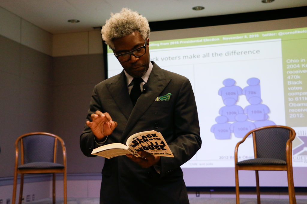 Cornell Belcher discussed the impact of race on American politics at a campus event Tuesday.