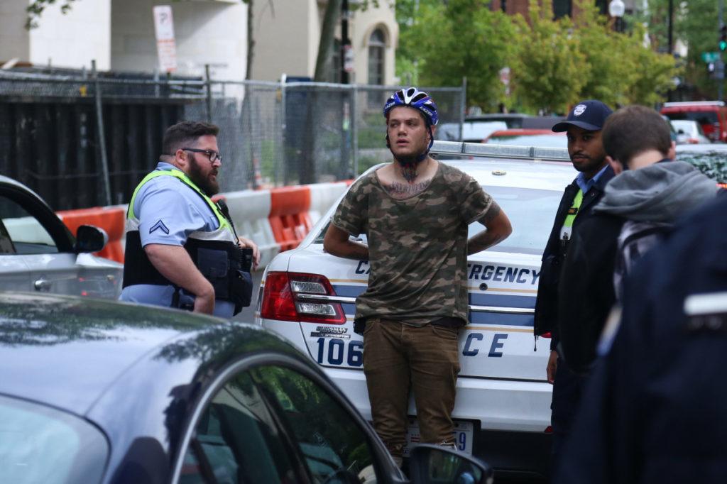Sydney Ramsey-LaRee, 24, was arrested by the University Police Department Sunday afternoon after he allegedly hit another man during an anti-fascist demonstration in front of Lisner Auditorium.