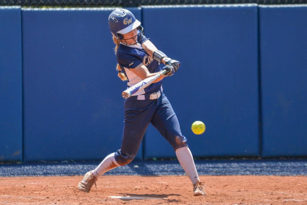 Senior shortstop Megan Linn swings at a pitch during softball's game agaianst Saint Louis Saturday. She holds the program record for hits, including 51 so far this season.