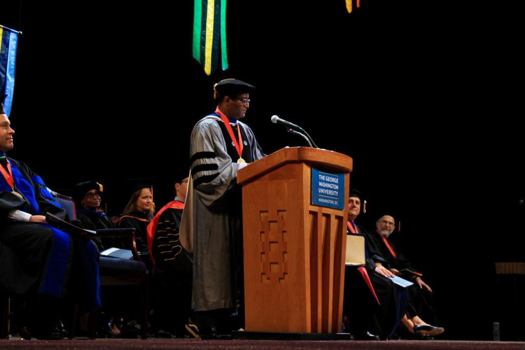Ben+Vinson%2C+dean+of+the+Columbian+College+of+Arts+and+Sciences%2C+urged+doctoral+graduates+to+pass+on+their+knowledge+to+future+students+and+be+change+makers+out+in+the+world+at+a+commencement+ceremony+Thursday.