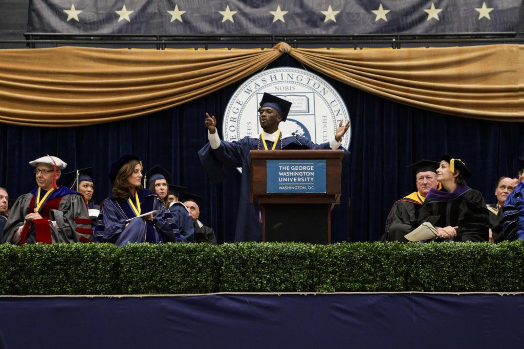 Tremayne Smith, graduate of the political management program, addressed the graduates at the CPS and GSPM commencement ceremony Saturday night. 