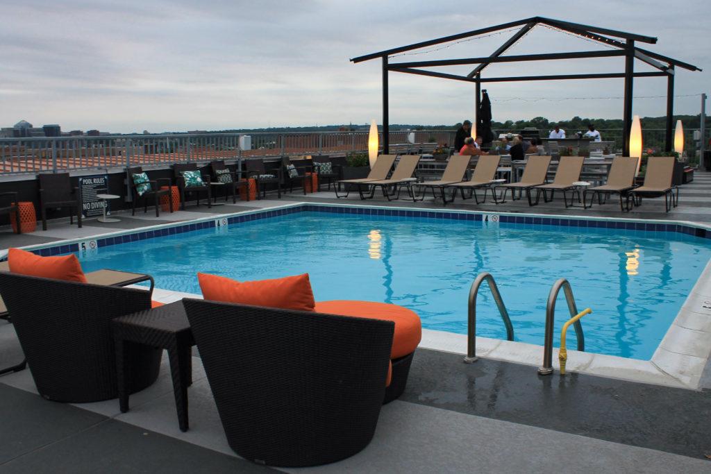 The Embassy Row Hotel’s rooftop pool, located at 2015 Massachusetts Ave., offers two bars and dozens of lounge chairs.