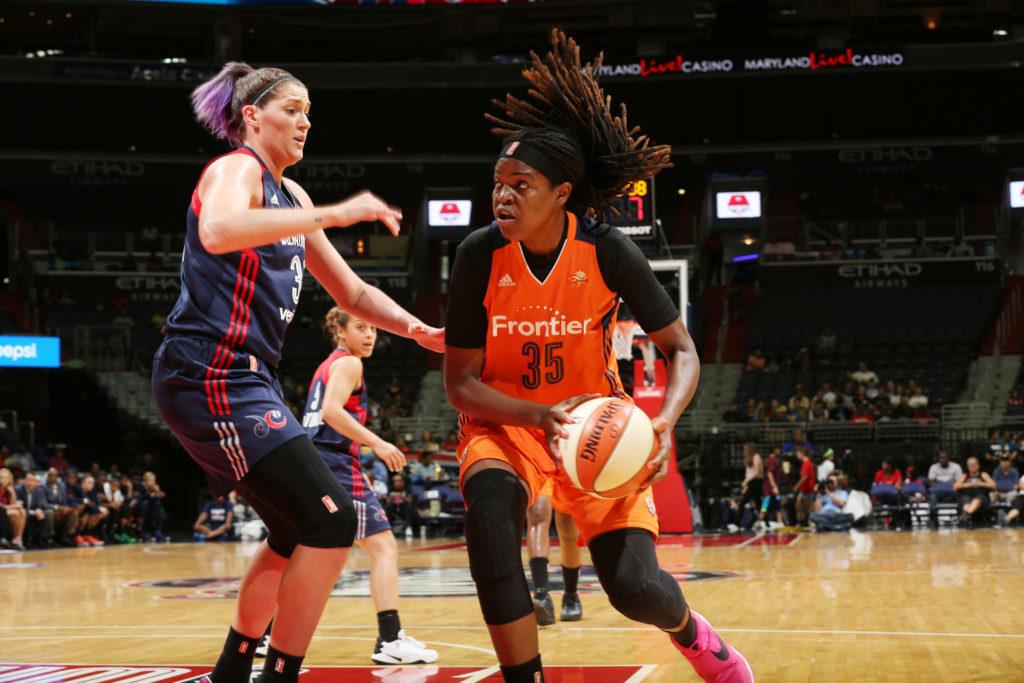 Connecticut+Sun+forward+Jonquel+Jones+goes+up+for+a+shot+in+the+lane.+She+was+the+highest-ever+draft+pick+from+GW+in+WNBA+history.