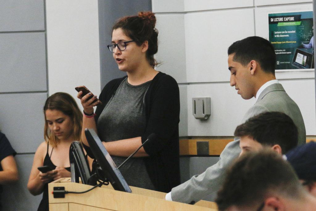 Jocelyn Jacoby, the co-president of SASA, spoke to the Student Association Senate Monday night before senators voted to support sexual assault survivor Aniqa Raihan in her campaign to expel her assailant.
