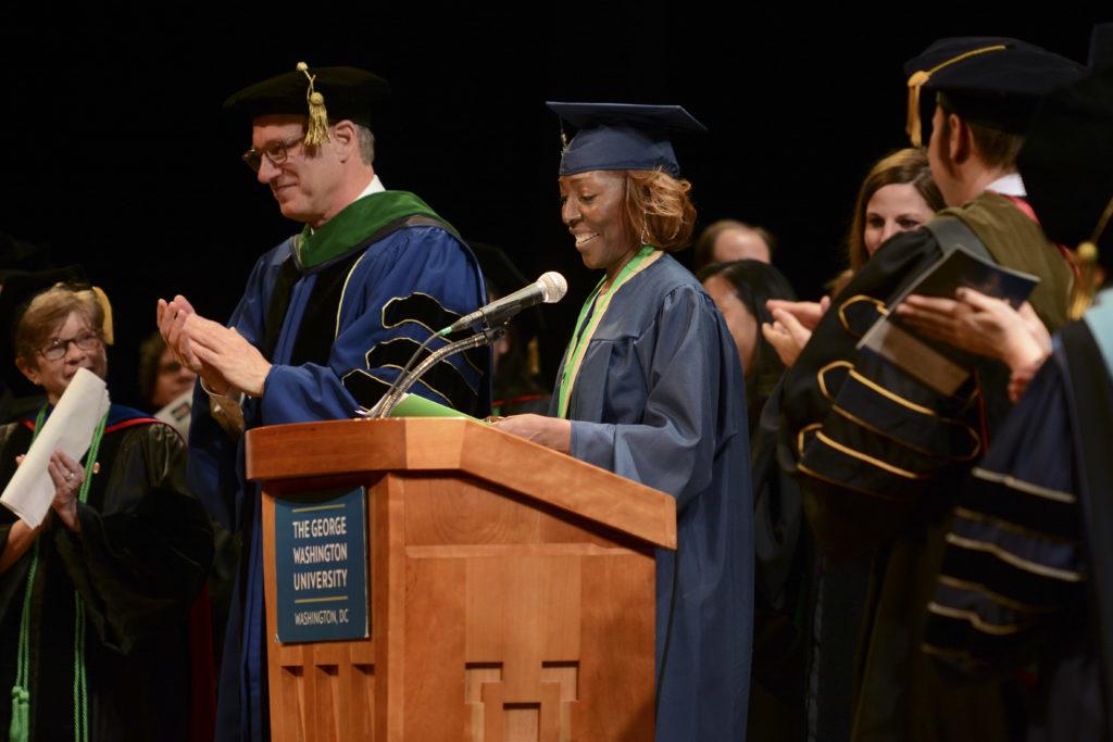Student speaker Majorie Brown told School of Medicine and Health Sciences graduates to use their medical degrees to make a positive difference in the world at the school's commencement ceremony Saturday.