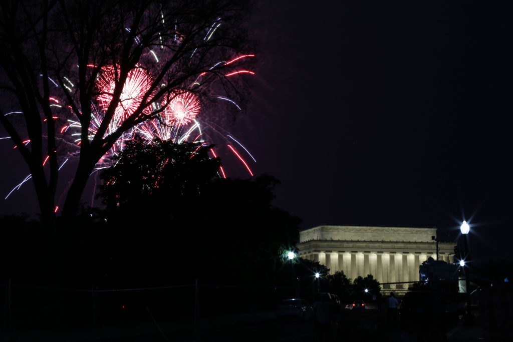 Fireworks light up the sky near the Lincoln Memorial on the Fourth of July.