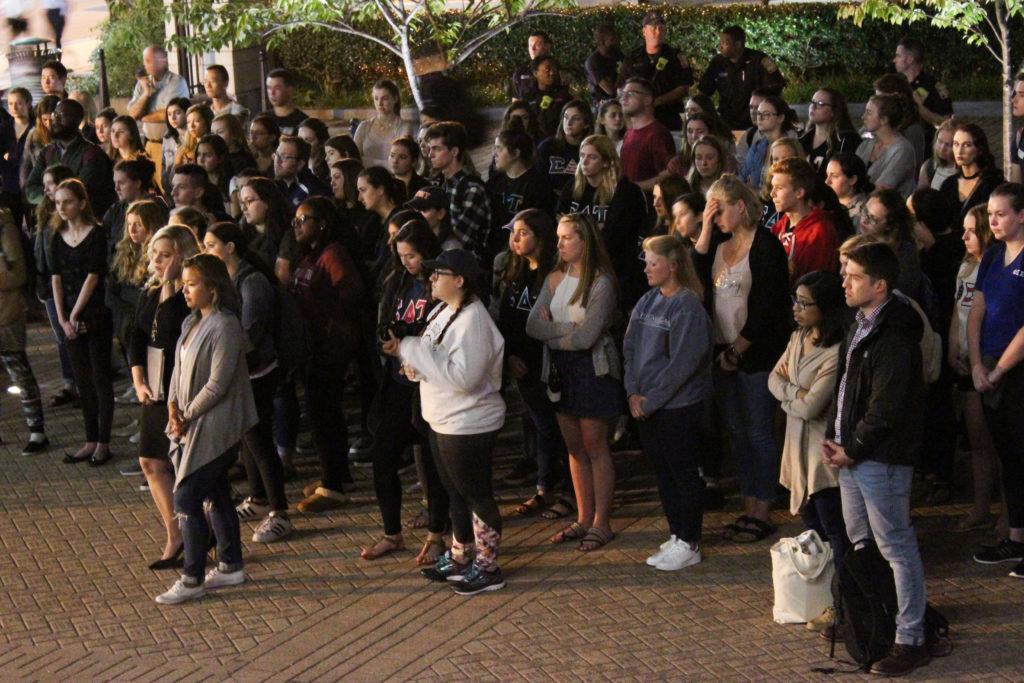 A group of student organizations held a vigil to honor 9/11 first responders in Kogan Plaza Monday night, the sixteenth anniversary of the terror attacks.