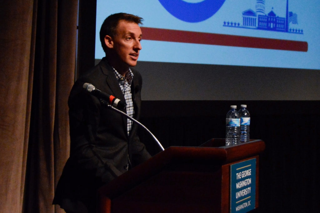 Jason Kander, the former Missouri secretary of state talked about his work for Let America Vote, a voting rights organization, to a nearly-full audience in the Betts Theater Tuesday. 