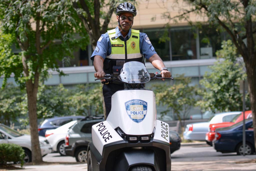 The+University+Police+Department+acquired+five+three-wheeled+Segways+over+the+summer.+UPD+Sgt.+Francis+Williams+said+the+Segways+help+start+conversations+within+the+community.