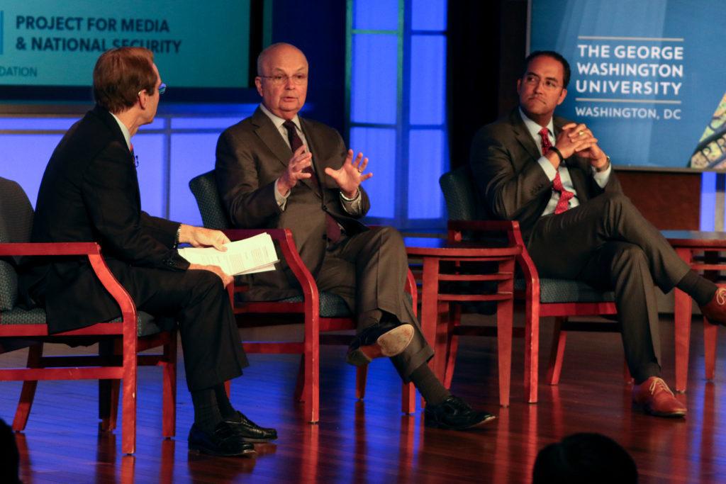 Michael Hayden, the former director of the CIA and the National Security Agency, (center) discusses problems with how the media covers cybersecurity with David Ensor, the director of the Project for Media and National Security (left) and Rep. Will Hurd, R-Texas (right).