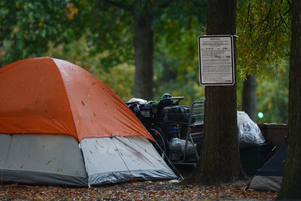 As of Friday, the homeless encampment on E Street – set to be removed this week – consisted of 12 tents pitched in the park.
