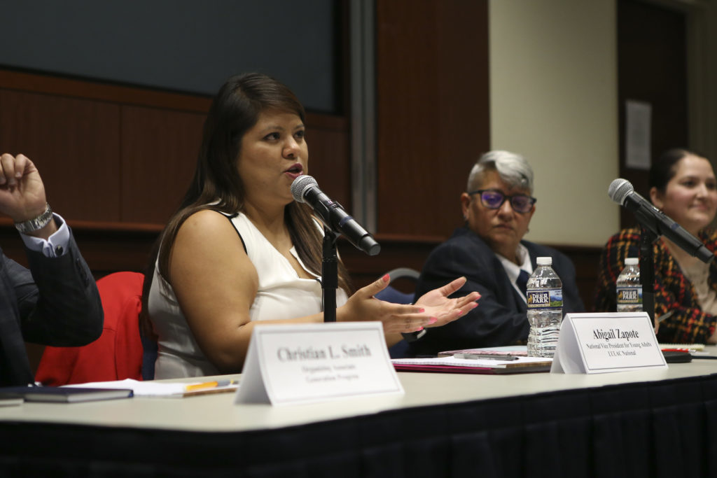 Abigail Zapote, the executive director of Latinos for a Secure Retirement and the national vice president for young adults at LULAC, speaks at the event Thursday. 