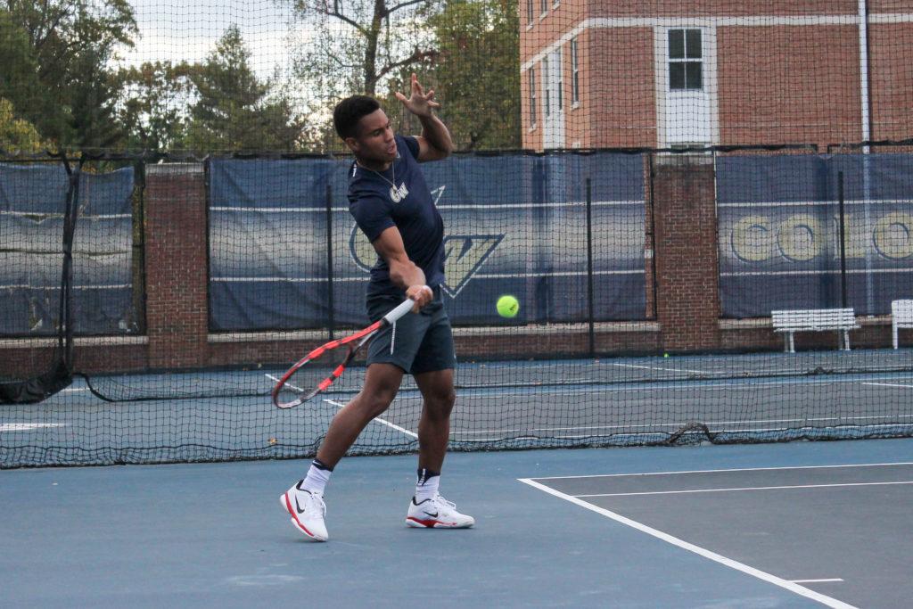 Senior Jabari Stafford swings to return a ball during a mens tennis practice last week. The Gladwyne, Pa. native is one of the four seniors in the program.