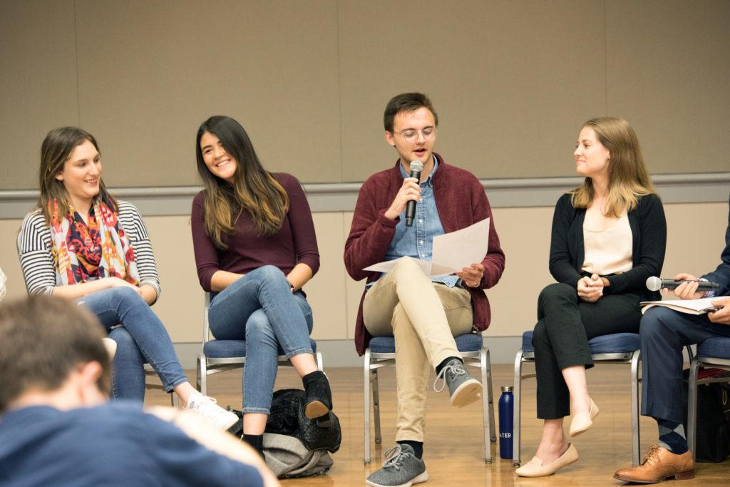 Left to right: Brooke Schwartz, the president of Class Council, Isabella Gianani, the vice president of Class Council, Jacob Smith, the chief of staff to the Student Association president and Residence Hall Association President Rachel Metz discussed student advocacy efforts at a joint town hall Wednesday.
