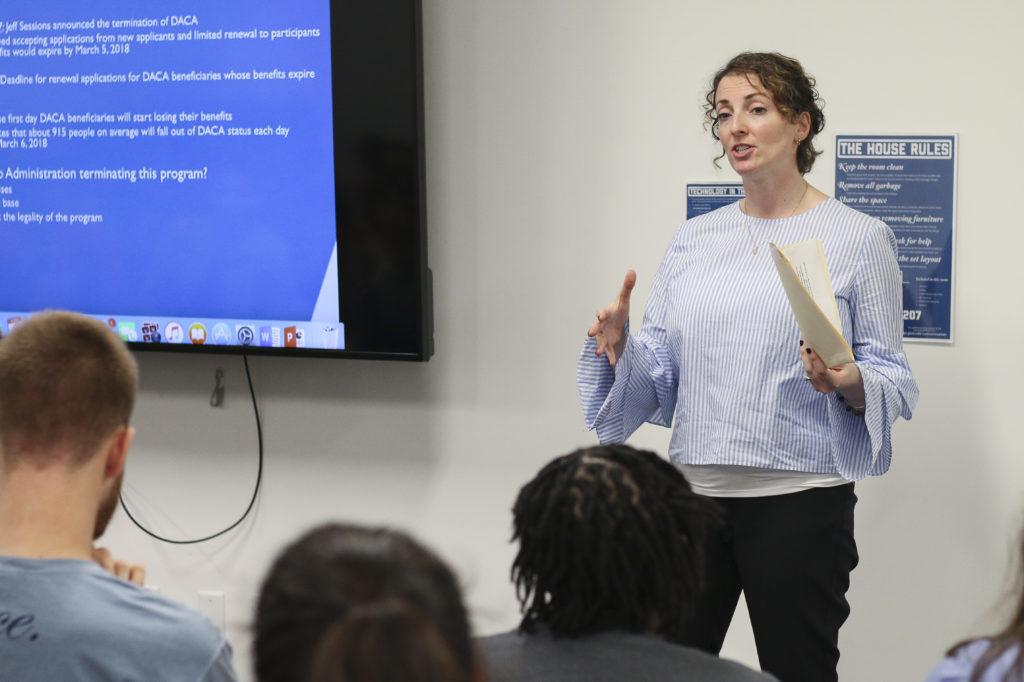 Sarah Pierce, an expert on U.S. immigration policy from the Migration Policy Institute, spoke at a teach-in Monday about how students can support undocumented students.
