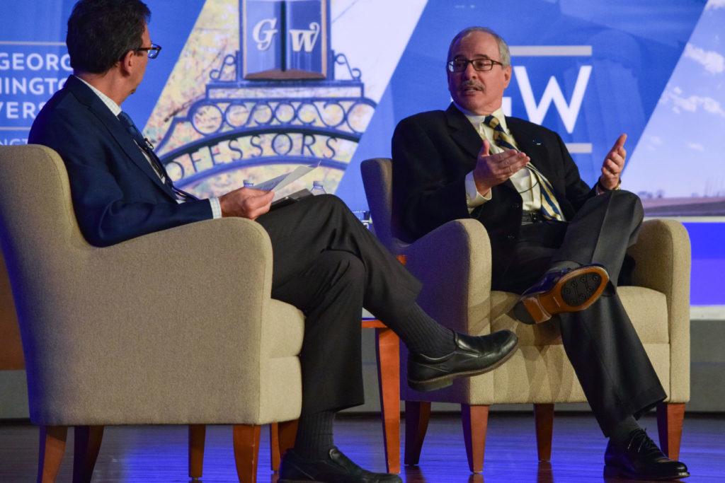 University President Thomas LeBlanc sat down with Frank Sesno, the director of the School of Media and Public Affairs, Tuesday to discuss his plans as GW's newly-inaugurated leader.