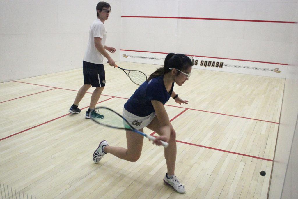 Freshman Zoe Foo Yuk Han swings at a ball during a women’s squash practice last week.