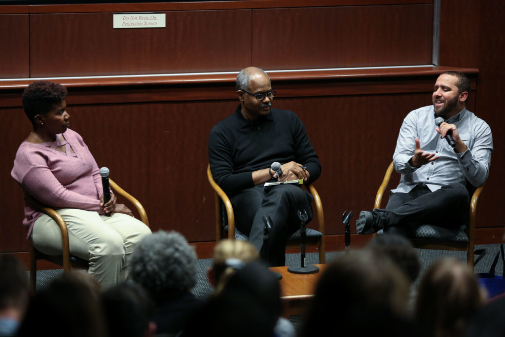 Journalists Jeffrey Blount and Wesley Lowery discuss how media and law enforcement handle race at a documentary screening and panel Thursday. Imani Cheers, a professor of media and public affairs, moderated the conversation.

