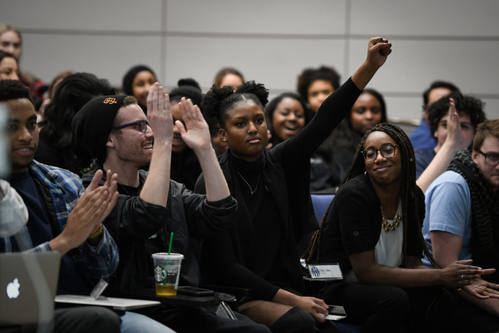 Former+Student+Association+Sen.+Imani+Ross%2C+U-at-Large%2C+votes+in+favor+of+a+resolution+calling+for+increased+diversity+and+inclusion+efforts+after+a+racist+Snapchat+post+rocked+campus+in+February.