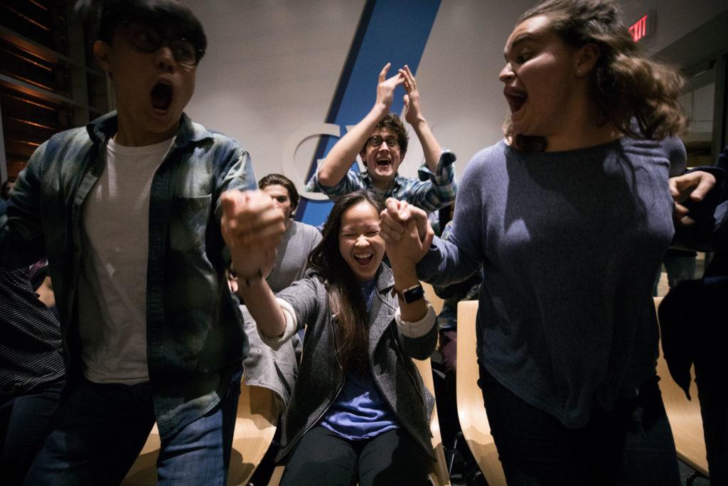Student Association Vice President for Public Affairs Ashley Le celebrates with her supporters after winning the SA presidency Wednesday.