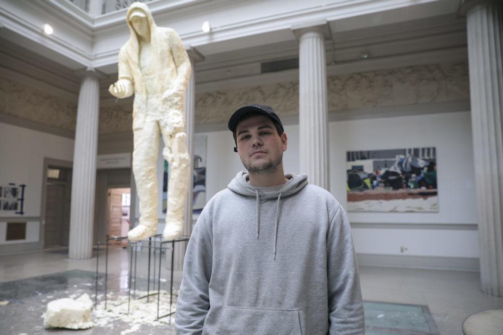 Case Baumgarten, a senior majoring in fine arts, created a foam statue of a man in a hoodie to raise awareness about homelessness in D.C. 