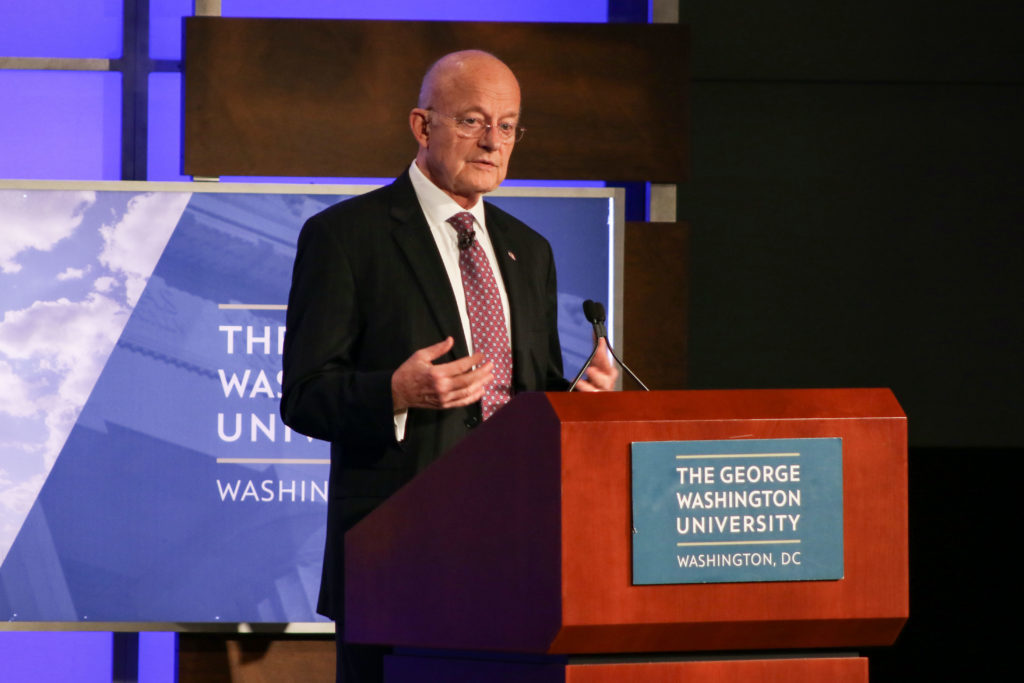 James Clapper, the former Director of National Intelligence, spoke about Russian meddling in the 2016 election at Jack Morton Auditorium Monday night.