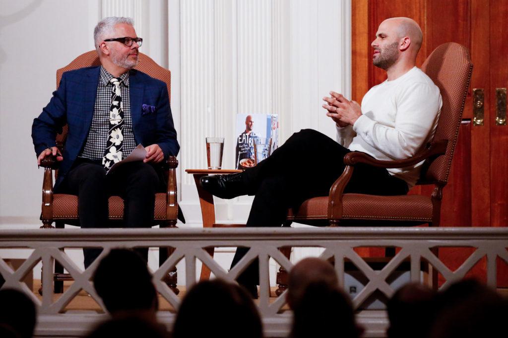 Joe Yonan, food and dining editor at the Washington Post, discussed healthy eating with former White House Chef Sam Kass at Sixth & I Historic Synagogue Tuesday.