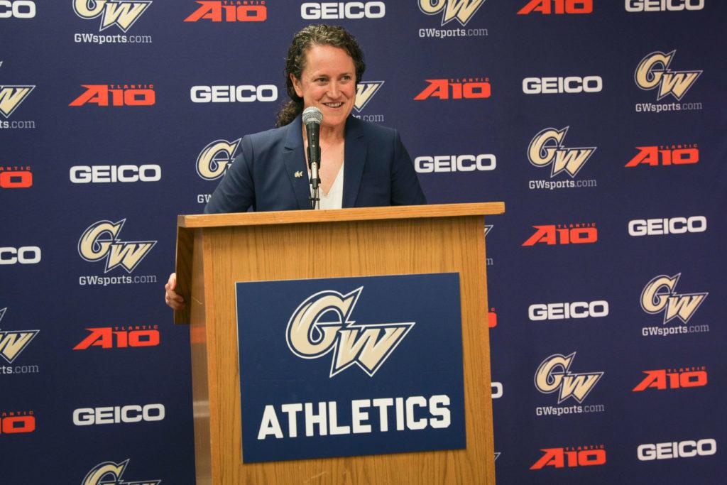 At her introductory press conference Thursday, Tanya Vogel said she will continue to ‘move the needle’ forward for female involvement in collegiate sports as GW's next athletic director. 